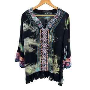 Calessa 1X Boho Tie Dye Embroidered Peasant Top Black Multicolor Bell Sleeve‎